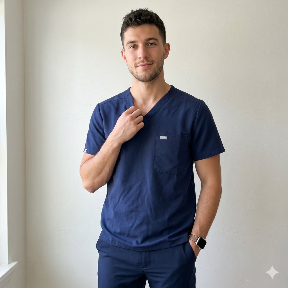 FIGS Leon Scrub Top Mens Medium Navy Blue V-Neck Chest Pocket Medical Uniform